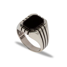 Load image into Gallery viewer, 925 stamped sterling silver ring for men with rounded square black onyx gemstone and engraved stripes on the sides, classics style 