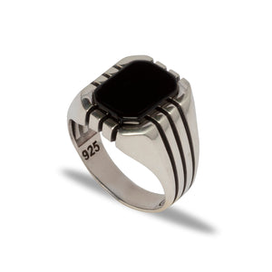 925 stamped sterling silver ring for men with rounded square black onyx gemstone and engraved stripes on the sides, classics style 