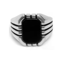 Load image into Gallery viewer, 925 stamped sterling silver ring for men with rounded square black onyx gemstone and engraved stripes on the sides, classics style 